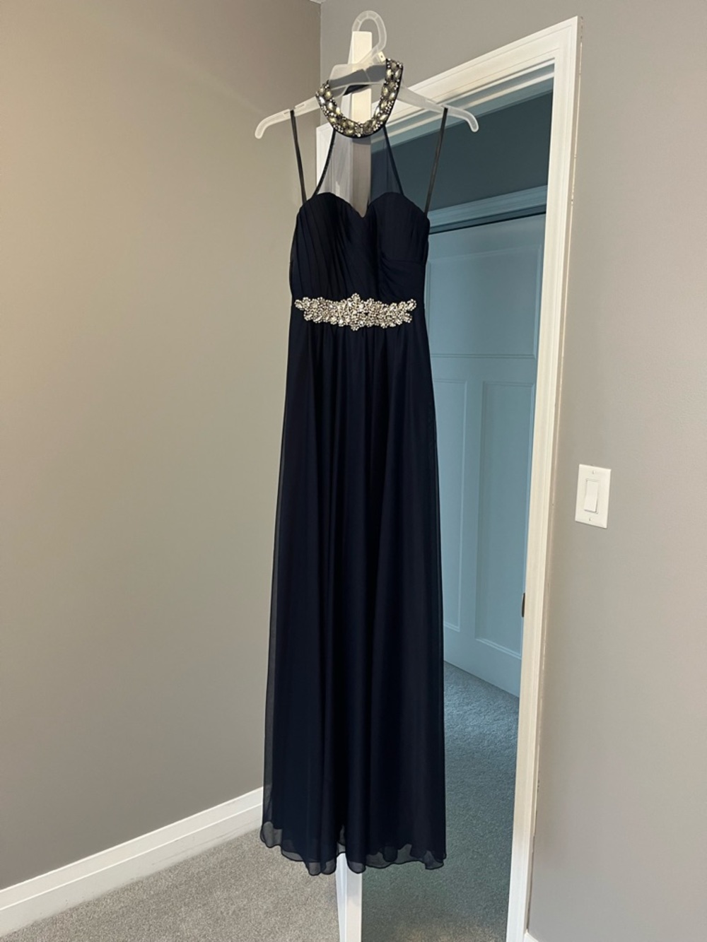 My Michelle Navy Beaded Halter Maxi Dress